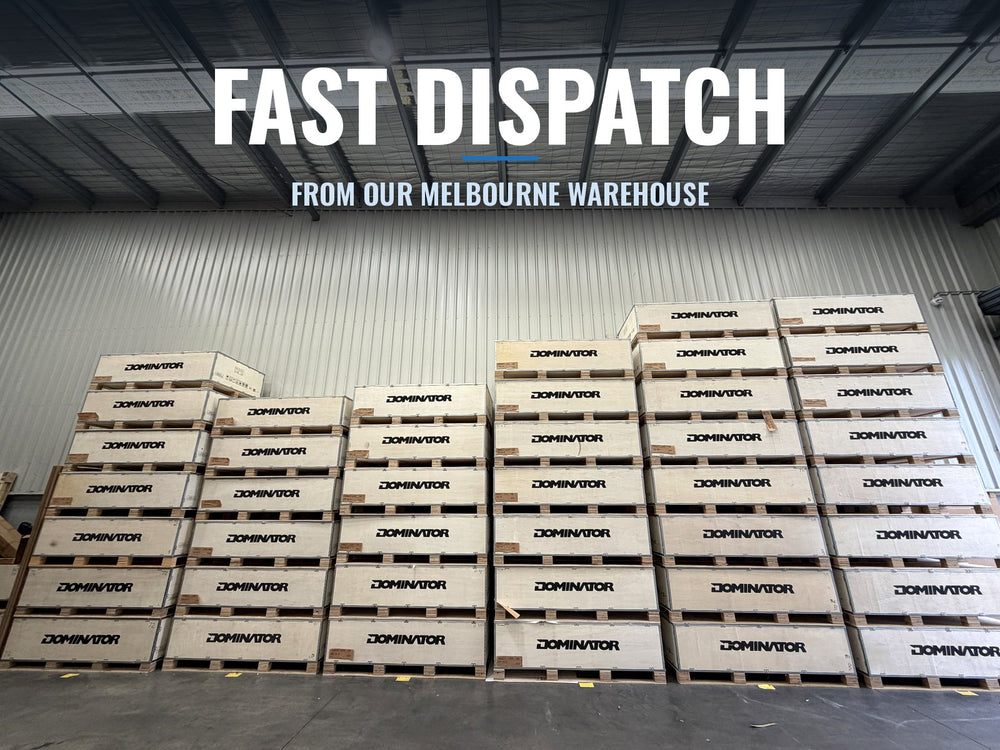 Pallets of Dominator hoops stocked in the Melbourne warehouse, ready for fast dispatch