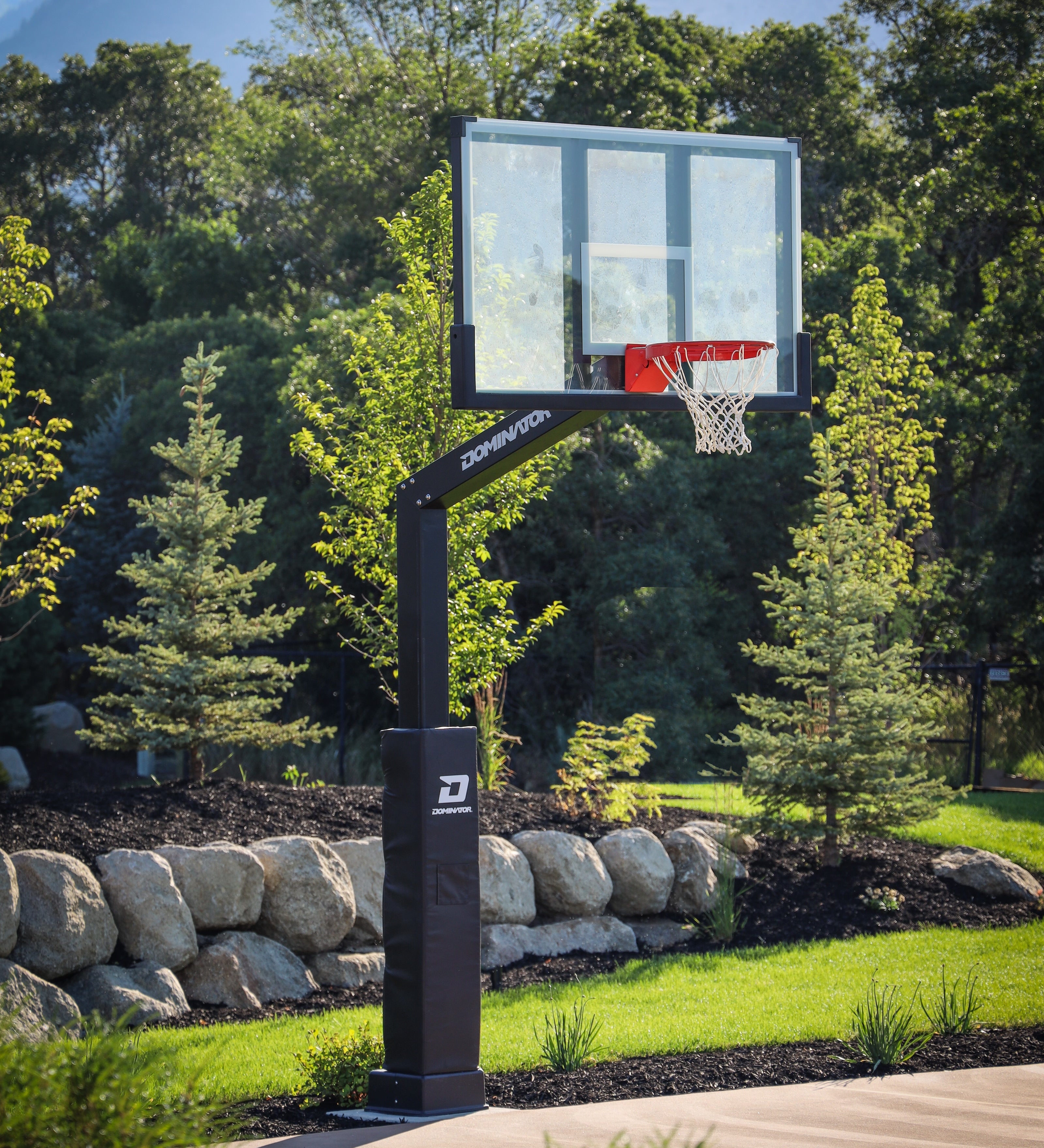 Dominator 72 inch adjustable basketball hoop with tempered glass backboard installed on a backyard court