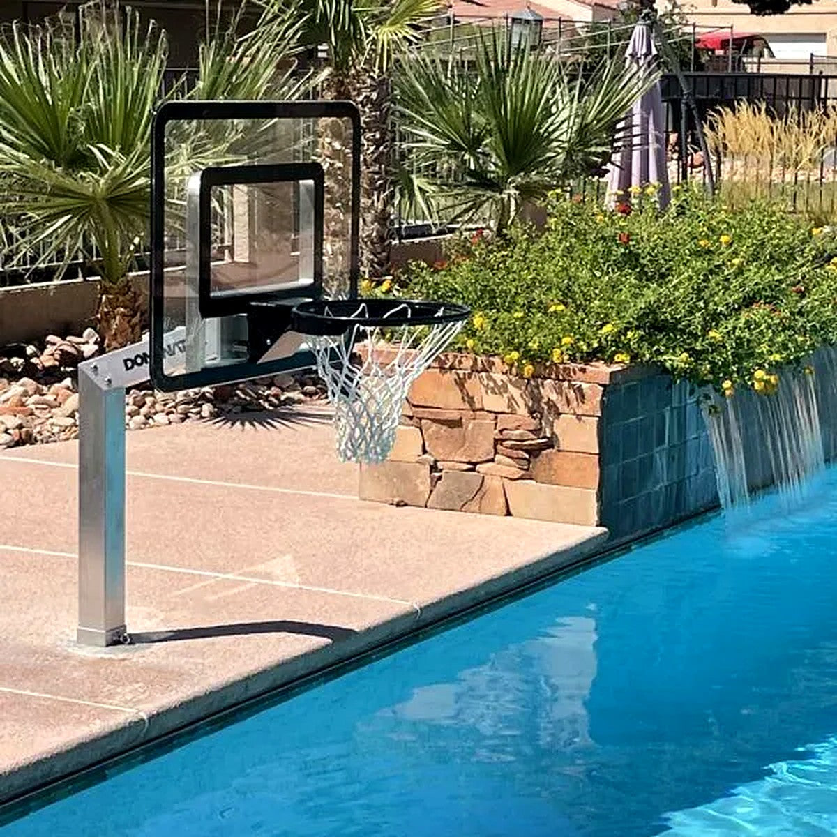 Dominator poolside basketball hoop installed beside a swimming pool